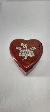 heart Shaped Wooden Puzzle Jewelry Box Mother of Pearl Inlay Secret Box Vintage
